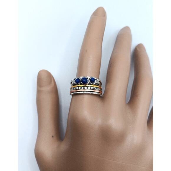 Silver Tone Swirl Design Ring with Blue Stones Size 8.25 Statement Band - Picture 1 of 3